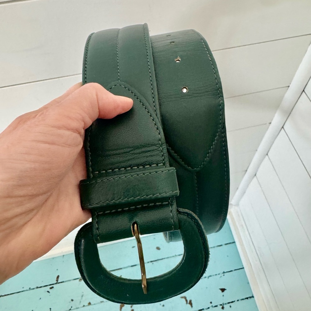 Linda Lundstrom Size L Wide Leather Dark Green lined Black Belt Leather Buckle